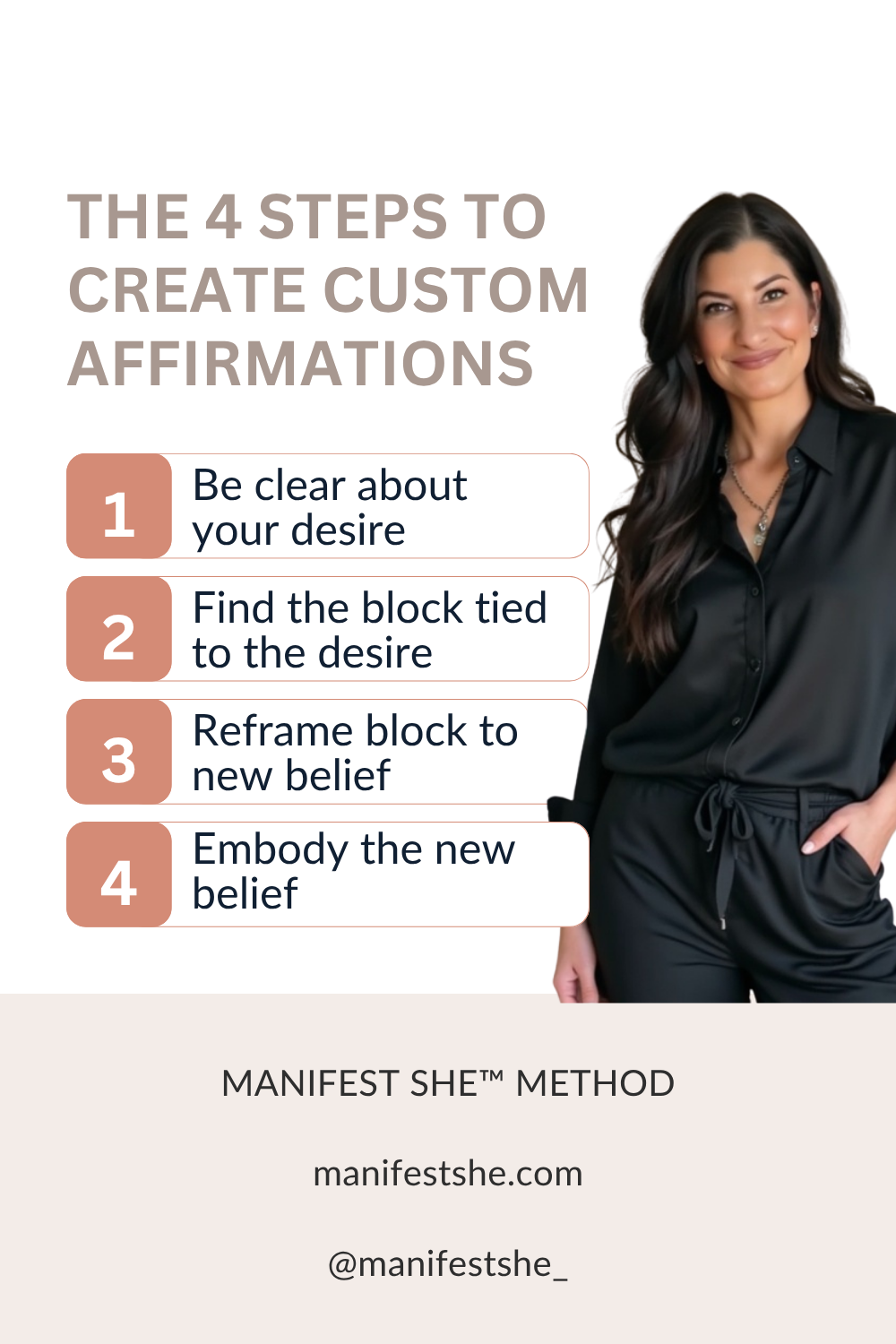The four steps to creating your custom affirmations are naming the desire, finding the block, reframing the block and then embody the new belief.