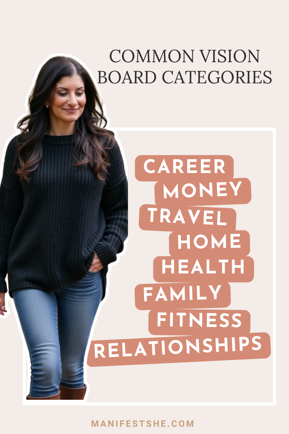 Common vision board categories include money, career, travel, home, health, family, fitness, and relationships