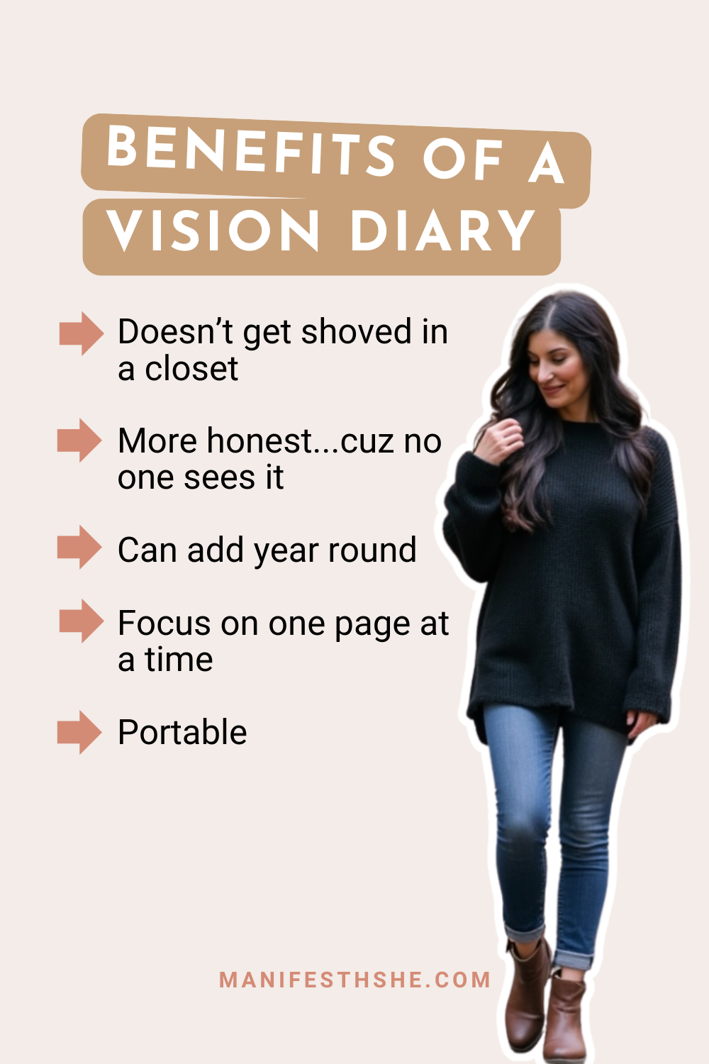 Using a vision diary instead of the board has benefits like not getting shoved in a closet because it's bulky, it is more honest because no none sees it, you can add to it year round, you can focus on one page at a time, and it is portable.